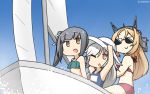  3girls bikini blonde_hair blue_sky blue_swimsuit boat breasts brown_eyes commentary_request dated gradient_sky green_bikini grey_hair hamu_koutarou hat headgear highres kantai_collection kasumi_(kantai_collection) kikuzuki_(kantai_collection) large_breasts long_hair multiple_girls nelson_(kantai_collection) one_eye_closed orange_eyes red_bikini riding sailboat school_swimsuit side_ponytail sky smile sun_hat sunglasses swimsuit watercraft white_hair white_headwear 