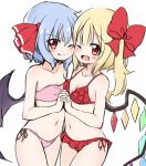  2girls ;) ;d asymmetrical_docking bandeau bangs bare_arms bare_shoulders bat_wings bikini blue_hair bow breast_press breasts cheek-to-cheek cleavage collarbone cowboy_shot crystal eyebrows_visible_through_hair fang fang_out flandre_scarlet frilled_bikini frills groin hair_between_eyes hair_bow hair_ribbon highres holding_hands interlocked_fingers long_hair looking_at_viewer multiple_girls navel no_hat no_headwear one_eye_closed one_side_up open_mouth pink_bikini red_bikini red_bow red_eyes red_ribbon remilia_scarlet ribbon short_hair siblings side-tie_bikini simple_background sisters sketch small_breasts smile standing stomach strapless strapless_bikini suwa_yasai swimsuit thighs touhou white_background wings work_in_progress 
