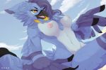  avian azurefehr beak belly bird blue_feathers breasts daxxorous dynamic feathers female flirting hair jewelry long_hair necklace nipples nude open_mouth perspective purple_feathers sky small_breasts smile solo stomach wing_hands wings yellow_eyes 