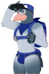  2019 alpha_channel anthro avian backpack bandanna beak bird briefs bulge clothed clothing columbid digital_media_(artwork) english_text feathers fur hair mailman male notkastar pigeon smile solo text topless underwear 