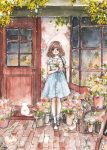  1girl absurdres bag black_eyes blue_skirt blush brick cat cherriuki crack door flower handbag highres looking_at_viewer medium_hair original outdoors sandals shirt short_sleeves skirt smile socks standing striped striped_shirt t-shirt traditional_media watercolor_(medium) watermark web_address window 