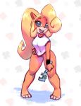  &lt;3 2018 anthro bandicoot bare_legs barefoot black_nose blonde_hair bottomless breasts clothed clothing club_(disambiguation) coco_bandicoot crash_bandicoot_(series) curled_hair diamond_(disambiguation) digital_media_(artwork) eyebrows female full-length_portrait fur green_eyes hair hair_over_eye hand_on_hip holding_object long_hair looking_at_viewer mammal marsupial naughty_dog nitro open_mouth partially_clothed pinup ponytail portrait pose shadow shirt simple_background smile solo sony_corporation sony_interactive_entertainment spade standing t-shirt tan_fur tools topwear video_games white_clothing white_shirt white_topwear wrench wristband 