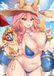  1girl animal_ear_fluff animal_ears bangs bare_shoulders beach bikini blue_bikini blush bracelet breasts cleavage closed_mouth collarbone ears_through_headwear fate/grand_order fate_(series) food fox_ears fox_girl fox_tail hair_between_eyes hat highres ice_cream ice_cream_float innertube jewelry kanachirou large_breasts long_hair looking_at_viewer navel necklace open_mouth pink_hair side-tie_bikini smile solo straw_hat sun_hat swimsuit tail tamamo_(fate)_(all) tamamo_no_mae_(swimsuit_lancer)_(fate) yellow_eyes 
