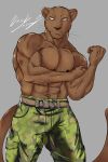  abs belt clothing coal_(maririn) felid fur hi_res insaneeighteen male mammal military muscular nipples pantherine pecs pose simple_background solo 
