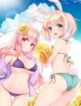 2girls :d animal_ears ass bangs bare_shoulders bikini blue_sky blush breasts bunny_ears bunny_girl bunny_tail cleavage closed_mouth cloud cloudy_sky commentary_request day eyebrows_visible_through_hair flower green_bikini green_eyes hair_between_eyes hair_flower hair_ornament hairclip jacket large_breasts long_hair long_sleeves minakami_rinka multiple_girls object_hug off_shoulder open_clothes open_jacket open_mouth original outdoors purple_bikini purple_jacket red_eyes red_flower side-tie_bikini sky sleeves_past_wrists smile sunflower swimsuit tail twintails upper_teeth very_long_hair yellow_flower 