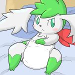  1:1 2017 blush diaper flora_fauna fur green_eyes green_hair hair hi_res legendary_pok&eacute;mon lying nintendo on_back plant pok&eacute;mon pok&eacute;mon_(species) shaymin shaymin_(sky_form) solo tomukemono video_games white_fur 