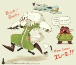  ! 2018 aircraft anthro breasts brown_eyes brown_fur canid canine canis clothing domestic_dog dress duo english_text explosives facial_hair female fluffy fluffy_tail fur hair hideki_kaneda holding_object holding_weapon japanese_text male mammal mustache running russian_text simple_background standing text translation_request uniform ursid ursine weapon white_hair 