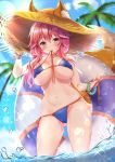  1girl animal_ear_fluff animal_ears ass_visible_through_thighs bikini blue_bikini blush bracelet breasts cameltoe cleavage cloud fate/grand_order fate_(series) fox_ears fox_print fox_tail hat highres holding_bikini_bottom holding_bikini_top honoka_chiffon innertube jewelry large_breasts long_hair looking_at_viewer looking_down navel palm_tree partially_submerged pink_hair sky solo straw_hat swimsuit tail tamamo_(fate)_(all) tamamo_no_mae_(fate) tamamo_no_mae_(swimsuit_lancer)_(fate) tree water yellow_eyes 