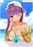  1girl bare_shoulders bb_(fate)_(all) bb_(fate/extra_ccc) bb_(swimsuit_mooncancer)_(fate) breasts cleavage collarbone commentary cup drinking_glass drinking_straw ensiro eyebrows_visible_through_hair fate/grand_order fate_(series) hair_ornament hat highres ice ice_cube large_breasts long_hair long_sleeves looking_at_viewer off-shoulder_jacket one_eye_closed outdoors purple_eyes purple_hair smile solo star star_hair_ornament 