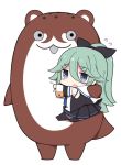  1girl 1other bangs black_legwear black_ribbon black_serafuku black_skirt blue_ribbon bokukawauso chibi commentary_request detached_sleeves flying_sweatdrops green_eyes green_hair hair_between_eyes hair_ornament hair_ribbon hairclip hug kantai_collection long_hair mascot neckerchief otter parted_bangs pleated_skirt ponytail ribbon school_uniform serafuku sidelocks simple_background skirt thighhighs watanon_(gakushokutei) white_background yamakaze_(kantai_collection) 