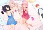  3girls 9nojo ass bare_shoulders black_hair blonde_hair blue_nightgown blue_scrunchie blush breasts cellphone chloe_von_einzbern collarbone commentary dakimakura_(object) emiya_shirou eyebrows_visible_through_hair fate/kaleid_liner_prisma_illya fate_(series) from_above hair_ornament hair_scrunchie hairclip highres illyasviel_von_einzbern long_hair looking_at_viewer lying miyu_edelfelt multiple_girls nightgown on_back one_eye_closed panties phone pillow pink_hair red_nightgown red_panties scrunchie see-through short_hair side_ponytail sitting small_breasts smartphone underwear white_nightgown white_panties 