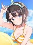  1girl bangs bare_shoulders bikini black_hair blue_sky blush breasts cleavage closed_mouth cloud cloudy_sky collarbone eyebrows_visible_through_hair hairband highres holding_hair_ornament hololive innertube looking_at_viewer medium_breasts nail_polish ocean official_art oozora_subaru outdoors shigure_ui shiny shiny_hair short_hair sky solo striped striped_bikini striped_bikini_top swimsuit virtual_youtuber 