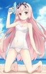  1girl beach blue_sky bow brown_eyes cloud cloudy_sky collarbone commentary_request covered_clitoris covered_navel hairband holding horizon kneeling long_hair looking_at_viewer ocean original school_swimsuit silver_hair sky smile solo swimsuit water_gun yamasan 