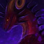  1:1 2019 absurd_res allagar curved_horn digital_media_(artwork) dragon feral hi_res horn orange_eyes purple_background simple_background smile solo spines teeth 