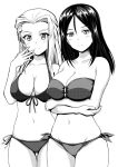  2girls arms_under_breasts bikini black_hair blush breasts clara_(girls_und_panzer) cleavage crossed_arms front-tie_bikini front-tie_top girls_und_panzer groin hand_on_own_face inoshira large_breasts long_hair looking_at_viewer multiple_girls navel nonna side-tie_bikini smile solo swimsuit white_hair 