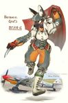  2018 aircraft anthro black_fur breasts brown_eyes brown_fur canid canine clothed clothing english_text female fur hair hat headgear headwear hi_res hideki_kaneda holding_object knife mammal running smile solo text white_hair 