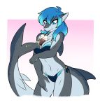  2019 absurd_res ambris anthro beverage bikini blue_eyes blue_hair blush breasts bubble_tea clothed clothing cup drinking ear_piercing erika_(ambris) female fish furgonomics furry-specific_piercing hair hands-free_bubble_tea hi_res marine meme multicolored_hair non-mammal_breasts piercing shark solo straw swimwear tail_piercing two_tone_hair 