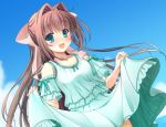  1girl asakura_otome bare_shoulders blush bow breasts brown_hair cloud cloudy_sky commentary_request da_capo da_capo_ii detached_sleeves dress dress_lift dutch_angle eyebrows_visible_through_hair green_dress green_eyes hair_between_eyes hair_bow holding_dress kayura_yuka long_hair looking_at_viewer open_mouth pink_bow sky small_breasts smile solo sundress 