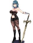  1girl akire_zz armpits bare_shoulders black_legwear blue_eyes blue_hair boots breasts byleth_(female) cleavage detached_collar fire_emblem fire_emblem:_three_houses full_body high_heel_boots high_heels highres knee_boots large_breasts lips looking_at_viewer medium_hair midriff navel navel_cutout pantyhose simple_background skindentation sleeveless smile solo standing sword weapon white_background wrist_guards 
