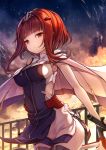  1girl anchor_hair_ornament azur_lane birmingham_(azur_lane) brown_eyes brown_hair cape cloud cloudy_sky commentary_request detached_sleeves hair_ornament hairclip highres kurenai_musume leaning_forward looking_at_viewer short_hair_with_long_locks sky solo twilight 