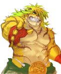  2018 5_fingers baku_hosamo blonde_hair clothing felid fingers fur green_hair green_sclera grin hair hand_wraps loincloth looking_at_viewer magan male mammal multicolored_hair muscular muscular_male navel nipples pantherine pink_nipples reaching_out smile solo tiger tokyo_afterschool_summoners two_tone_hair video_games wraps yellow_fur 