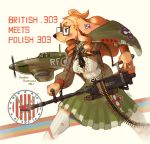  2018 aircraft anthro blush bottomwear breasts brown_fur canid canine canis clothed clothing domestic_dog english_text eyewear female fur glasses green_eyes gun hi_res hideki_kaneda holding_gun holding_object holding_weapon machine_gun mammal ranged_weapon skirt solo text weapon 
