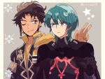  2boys armor black_hair blue_eyes blue_hair brown_hair byleth byleth_(male) cape claude_von_regan_(fire_emblem) dark_skin fire_emblem fire_emblem:_three_houses gloves green_eyes hair_ornament highres jewelry kiriya_(552260) looking_at_viewer male_focus multiple_boys short_hair simple_background smile uniform upper_body 