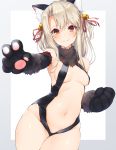  1girl animal_ears bangs bare_shoulders bell black_gloves black_leotard blush border breasts cat_ears center_opening closed_mouth elbow_gloves fate/kaleid_liner_prisma_illya fate_(series) fur_collar gloves grey_border hair_between_eyes hair_ribbon hand_gesture hechi_(hechi322) highres illyasviel_von_einzbern jingle_bell leotard long_hair looking_at_viewer navel outstretched_arm paw_gloves paws red_eyes red_ribbon ribbon simple_background small_breasts smile solo tail two_side_up v white_background white_hair 