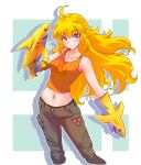  1girl absurdres ahoge blonde_hair brown_pants cargo_pants collarbone fire highres iesupa long_hair midriff navel orange_tank_top pants prosthesis prosthetic_arm puppet purple_eyes rwby shark solo tank_top wavy_hair yang_xiao_long 