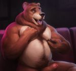  2019 anthro belly big_belly blue_eyes body_hair brown_fur chest_hair erection eyebrows fur happy_trail hi_res humanoid_penis hungrypaws inside male mammal nipple_pinch nude open_mouth overweight overweight_male penis pinch pubes sitting solo stomach_hair tongue tongue_out uncut ursid 