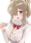  1girl :d alpaca_ears alpaca_suri_(kemono_friends) amasora_taichi animal_ears bangs blush breasts brown_hair button_gap cleavage covered_nipples cup dress_shirt eyebrows_visible_through_hair fur-trimmed_sleeves fur_collar fur_trim grey_eyes hair_over_one_eye hand_up highres holding holding_cup horizontal_pupils kemono_friends large_breasts long_sleeves looking_at_viewer no_bra open_mouth see-through shiny shiny_hair shirt sidelocks simple_background smile solo steam sweat upper_body white_background white_shirt 