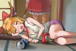  2girls beer_can blurry blush breasts can chain chinese_commentary cleavage commentary_request cuffs depth_of_field drooling drunk eyebrows_visible_through_hair feet_out_of_frame gohei hakurei_reimu hand_on_own_face highres horns ibuki_suika indoors joeychen looking_at_viewer lying medium_breasts microskirt multiple_girls on_side open_mouth orange_eyes orange_hair out_of_frame pillow purple_skirt red_skirt shackles shirt shouji skirt sleeveless sleeveless_shirt sliding_doors standing tatami touhou wrist_cuffs 