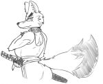  2019 anthro audrey_(chubbachunks) canid canine canis chubbachunks clothing collar digital_media_(artwork) domestic_dog ear_piercing female katana looking_at_viewer looking_back makeup mammal mascara melee_weapon piercing portrait rear_view simple_background solo spiked_collar spikes sword weapon 