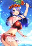  1girl alternate_costume artist_logo artist_name ass bikini blue_eyes blue_hair blush breasts chinchongcha cloud cloudy_sky cowboy_shot day droplet fire_emblem fire_emblem:_the_binding_blade fire_emblem_heroes flower hair_between_eyes hair_flower hair_ornament head_wreath highres leaf lilina long_hair looking_at_viewer medium_breasts midriff ocean open_mouth outdoors red_bikini see-through sky smile solo straight_hair swimsuit thighs water wristband 