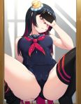  1girl arata ass black_hair black_legwear black_sailor_collar black_swimsuit breasts cameltoe cellphone duck_hair_ornament genderswap genderswap_(mtf) head_tilt highres long_hair looking_at_mirror looking_at_viewer medium_breasts mirror multicolored_hair neckerchief one-piece_swimsuit phone pink_nails purple_hair red_eyes red_neckwear reflection ren_(witch&#039;s_weapon) rubber_duck sailor_collar school_swimsuit self_shot smartphone solo spread_legs swimsuit thighhighs two-tone_hair very_long_hair witch&#039;s_weapon 