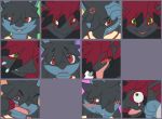  2019 aliasing angry annoyed argon_vile black_fur black_hair blue_fur blush breath duo fan_character felton_(castanean) fur green_eyes hair hand_on_head headshot_portrait looking_at_viewer lucario miryon_(castanean) multiple_images nintendo open_mouth pok&eacute;mon pok&eacute;mon_(species) portrait punch red_eyes smile solo_focus tongue tongue_out video_games worried zoroark 