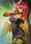  2019 anthro aomori clothed clothing digital_media_(artwork) dress equid equine feathered_wings feathers female fluttershy_(mlp) friendship_is_magic hair long_hair looking_at_viewer mammal my_little_pony pink_hair pterippus smile solo teal_eyes wings 