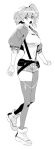  1girl aina_ardebit chomoran gloves highres jacket long_hair midriff monochrome open_mouth promare shorts side_ponytail solo suspenders thighhighs white_background 