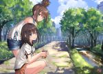  2girls blue_eyes brown_hair drink miko_fly original tree 