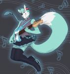  2019 6my blue_eyes blue_fur bottomwear canid canine clothed clothing cosplay crossdressing fox fur fur_markings grin guitar hatsune_miku hi_res legwear male mammal markings musical_instrument musical_note necktie playing_instrument playing_music roflfox shirt skirt smile solo thigh_highs topwear vocaloid white_fur 