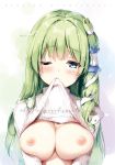  1girl alternate_costume bangs blue_eyes blush breasts clothes_lift commentary_request eyebrows_visible_through_hair frog_hair_ornament green_hair hair_ornament hair_tubes kochiya_sanae large_breasts long_hair long_sleeves looking_at_viewer miyase_mahiro nipples one_eye_closed snake_hair_ornament solo sweater sweater_lift touhou turtleneck turtleneck_sweater upper_body white_background white_sweater 