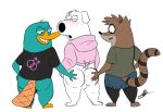 2019 4_fingers anthro balls beak blush brian_griffin brown_fur butt butt_grab butt_pose canid canine canis cartoon_network clothed clothing colored_sketch digital_media_(artwork) disney domestic_dog family_guy fingers floppy_ears fur green_fur group hand_on_butt hi_res male mammal monotreme open_mouth perry_the_platypus phineas_and_ferb platypus procyonid raccoon raymondfoxxx regular_show rigby_(regular_show) short_tail simple_background sketch smile tailwag white_ears white_fur white_tail yellow_beak 