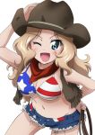  1girl ;d american_flag american_flag_bikini arm_behind_back bandana bikini bikini_top blonde_hair blue_eyes blue_shorts blush breasts brown_vest cleavage commentary cowboy_shot cutoffs denim denim_shorts eyebrows_visible_through_hair flag_print girls_und_panzer hair_intakes hand_on_headwear hand_on_hip holding kanau kay_(girls_und_panzer) large_breasts leaning_forward long_hair looking_at_viewer navel one_eye_closed open_clothes open_mouth open_vest rope shorts simple_background smile solo standing swimsuit vest white_background 