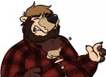  anthro beard belly binturongboy brown_bear brown_fur button_pop claws clothed clothing eyes_closed facial_hair fur human human_to_anthro male mammal overweight overweight_male simple_background solo species_transformation straining_buttons torn_clothing transformation ursid ursine weight_gain white_background 