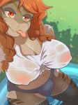  2019 anthro belly bottomwear braided_hair breasts bulge cleavage clothed clothing denim denim_clothing denim_shorts fish foreshortening freckles grass gynomorph hair hi_res intersex lazysnout marine nipples overweight overweight_gynomorph overweight_intersex pool_(disambiguation) red_eyes red_hair selfie shark shirt shorts solo tongue topwear voluptuous water wet wet_clothing wet_shirt wet_topwear 