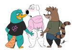  balls blush bottomless bottomwear brian_griffin butt cartoon_network clothed clothing denim denim_clothing denim_shorts family_guy hand_on_butt hoodie looking_back perry_the_platypus phineas_and_ferb regular_show rigby_(regular_show) shirt shorts topwear 