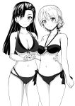  2girls arm_around_waist asymmetrical_bangs bangs bikini black_hair blush braid breasts cleavage commentary commentary_request darjeeling french_braid front-tie_bikini front-tie_top girls_und_panzer groin head_tilt highres holding_hands inoshira large_breasts long_hair medium_breasts multiple_girls navel nishi_kinuyo short_hair side-tie_bikini smile swimsuit thigh_gap thighs underboob 