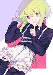  1boy belt blonde_hair blush earrings gloves green_hair hair_ornament half_gloves heart highres jacket jewelry lio_fotia looking_at_viewer male_focus moegi0926 open_mouth otoko_no_ko promare purple_eyes short_hair shorts simple_background smile solo thighhighs 