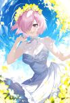  1girl absurdres blue_sky blush breasts dress fate/grand_order fate_(series) field flower flower_field hair_over_one_eye hamada_pochiwo head_wreath highres large_breasts lavender_hair looking_at_viewer mash_kyrielight open_mouth petals purple_eyes short_hair sky smile solo sunlight white_dress 