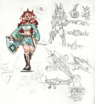  2018 aircraft anthro bf_109 bow_tie breasts canid canine canis clothed clothing domestic_dog duo english_text eyewear female fluffy fluffy_tail fur glasses gun hair handgun hat headgear headwear hi_res hideki_kaneda holding_object holding_weapon lancaster long_hair mammal melee_weapon messerschmitt midriff navel open_mouth pink_fur ranged_weapon red_hair simple_background sketch standing sword text weapon wellington white_background 